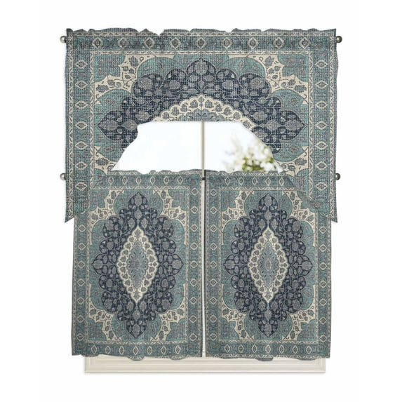 Aztec Southwest Kitchen Curtains Swag Valance and Tier Curtains Set 36 Inch Length, Boho Vintage Ethnic Abstract Floral Art Rod Pocket Drape Panels Pair Swag Curtains for Bathroom/Cafe/Window