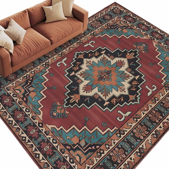 Aztec Southwest Large Area Rugs for Bedroom Living Room, Soft Non Slip Carpet Bedside Rug, Red Brown Boho Chic Abstract Geometric Rectangular Floor Cover Kitchen Accent Rug 8'x10' for Office