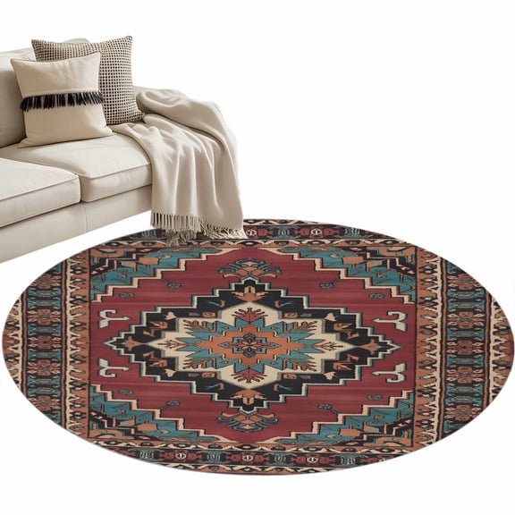 Aztec Southwest Large Area Rugs for Bedroom Living Room, Soft Non Slip Carpet Bedside Rug, Red Brown Boho Chic Abstract Geometric Round Floor Cover Kitchen Accent Rug 3' for Dining Room/Office