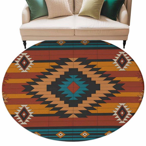 Aztec Southwest Large Area Rugs for Bedroom Living Room, Soft Non Slip Carpet Bedside Rug, Vintage Geometric Farmhouse Art Round Floor Cover Kitchen Accent Rug 8' for Dining Room/Office