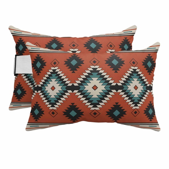Aztec Southwest Outdoor Pillows for Chaise Lounge Chair Beach Headrest Pillow Set of 2 Waterproof Lumbar Pillows with Insert&Strap Orange Red Geometric Abstract Art Pillow for Patio Pool 12"x20"