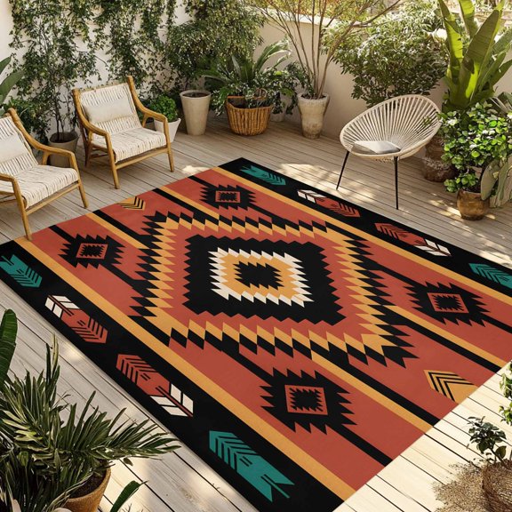 Aztec Southwest Outdoor Rug 4x6 Ft - Reversible Patio Rug Outdoor Camping Rugs, Orange Black Boho Tribes Abstract Washable Indoor Outdoor Area Rugs, Non-Slip Outdoor Carpet Runner for Deck/Porch