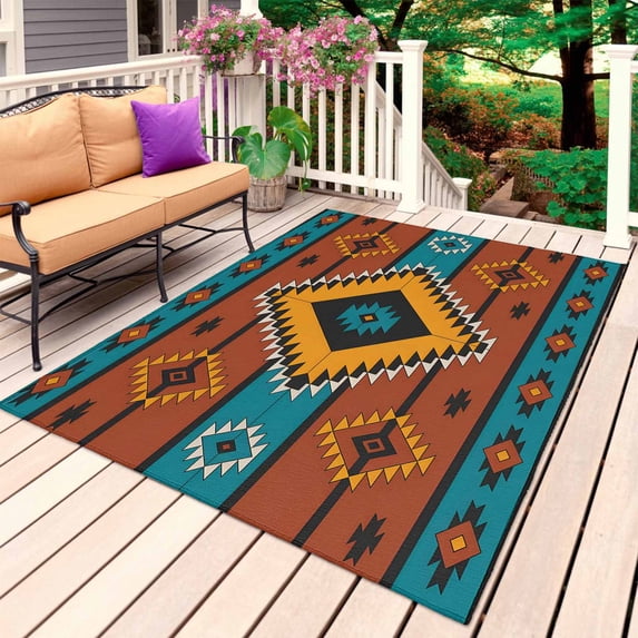 Aztec Southwest Outdoor Rug 5x8 Ft, Non Slip Washable Area Rug, Boho Tribe Brown Geometric Patio Rugs Carpet Runner, Large Floor Mat for Indoor/Outdoor Deck Porch Camping