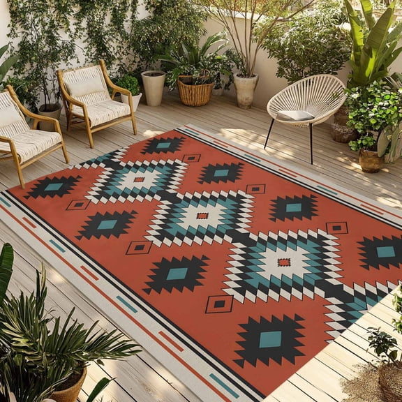 Aztec Southwest Outdoor Rug 5x8 Ft - Reversible Patio Rug Outdoor Camping Rugs, Orange Red Geometric Abstract Art Washable Indoor Outdoor Area Rugs, Non-Slip Outdoor Carpet Runner for Deck/Porch