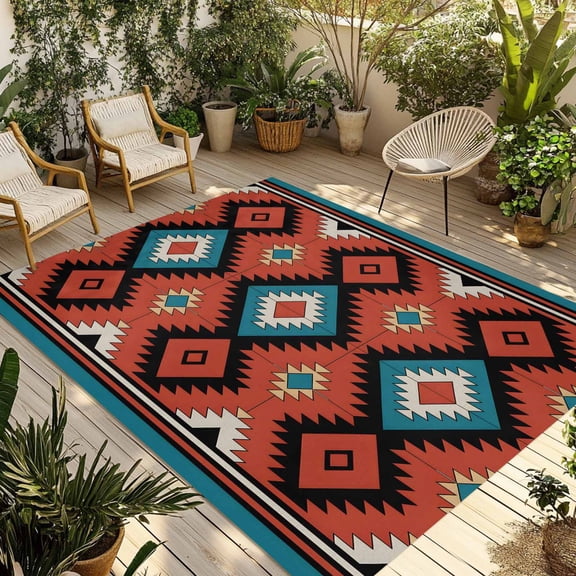 Aztec Southwest Outdoor Rug 6x9 Ft - Reversible Patio Rug Outdoor Camping Rugs, Red Black Geometric Classic Art Washable Indoor Outdoor Area Rugs, Non-Slip Outdoor Carpet Runner for Deck/Porch