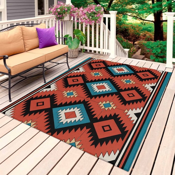 Aztec Southwest Outdoor Rug for Patio/Deck/Porch, Non-Slip Large Area Rug 5 x 7 Ft, Red Black Geometric Classic Art Indoor Outdoor Rugs Washable Area Rugs, Reversible Camping Rug Carpet Runner