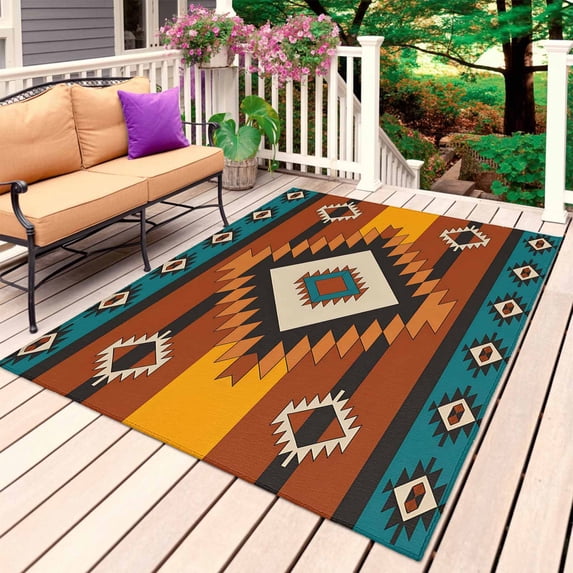 Aztec Southwest Outdoor Rug for Patio/Deck/Porch, Non-Slip Large Area Rug 6 x 9 Ft, Orange Red Geometric Tribe Vintage Indoor Outdoor Rugs Washable Area Rugs, Reversible Camping Rug Carpet Runner