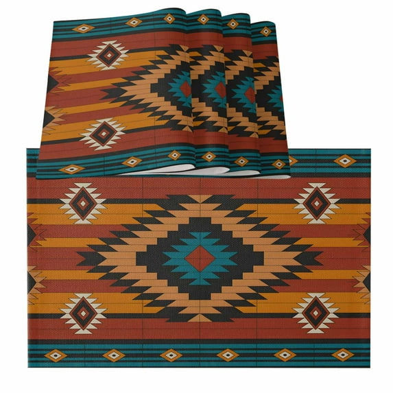 Aztec Southwest Placemats for Dinning Table Set of 4, Vintage Geometric Farmhouse Art Burlap Kitchen Place Mats Waterproof Cloth Table Mats, Indoor Outdoor Placemats Easy Clean Dinner Decor