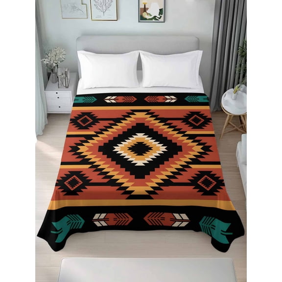 Aztec Southwest Queen Size Flat Sheet, Wrinkleproof & Fadeproof Cooling Flat Bed Sheet Only, Orange Black Boho Tribes Abstract Breathable Soft Bedding Top Sheets 90 x 102 Inches