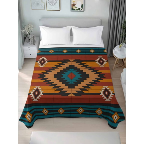 Aztec Southwest Queen Size Flat Sheet, Wrinkleproof & Fadeproof Cooling Flat Bed Sheet Only, Vintage Geometric Farmhouse Art Breathable Soft Bedding Top Sheets 90 x 102 Inches