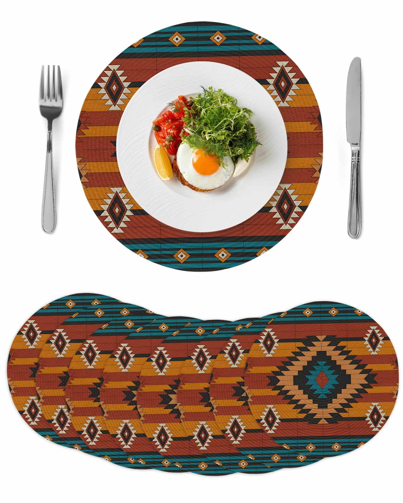 Aztec Southwest Round Placemats Set of 8 for Dinning Tables,Heat-proof Braided Table Mats 13 Inch,Vintage Geometric Farmhouse Art Washable Place Mat for Kitchen Restaurant Party Decor Table Setting
