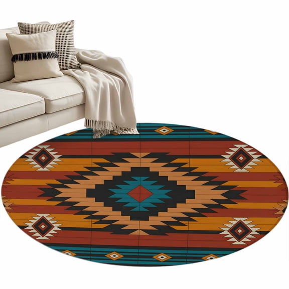 Aztec Southwest Round Rug 3ft Area Rug Washable Soft Non-Slip 3' Circle Low Pile Rugs Vintage Geometric Farmhouse Art Carpet for Bedroom Living Room Entryway Home Office Dining Room