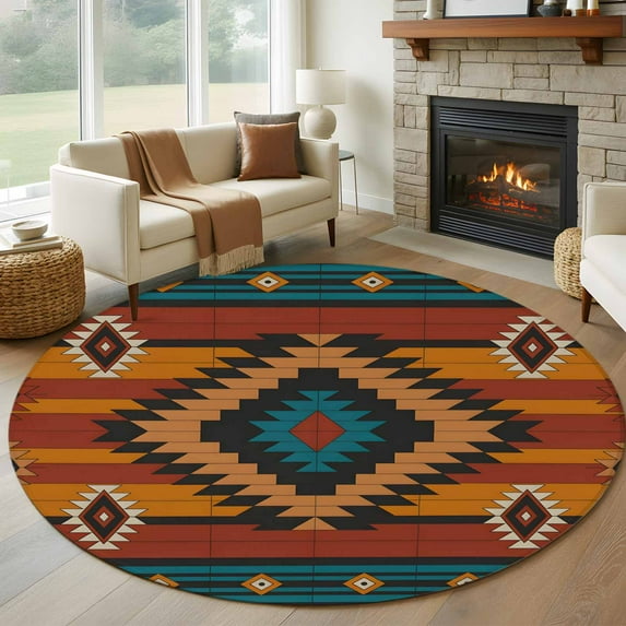 Aztec Southwest Round Rug 5ft Washable Circle Kitchen Rugs Non Slip ...