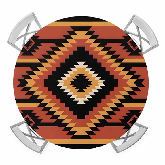 Aztec Southwest Round Tablecloth for 45-54 Inch Tables, Fitted Table Cover with Elastic Edge, Orange Black Boho Tribes Abstract Waterproof Outdoor Table Cloth Protector for Patio Garden Dinner Picnic