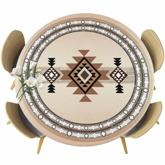 Aztec Southwest Round Tablecloth, Fitted Table Cover with Elastic for 36"-44" Round Tables, Brown Ethnic Geometric Tribe Table Cloth Outdoor Indoor Dinning Party Waterproof Tablecloths