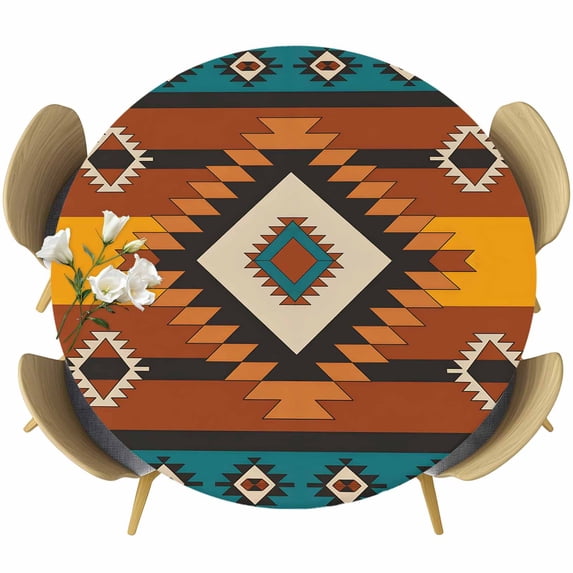 Aztec Southwest Round Tablecloth, Fitted Table Cover with Elastic for 36"-44" Round Tables, Orange Red Geometric Tribe Vintage Table Cloth Outdoor Indoor Dinning Party Waterproof Tablecloths