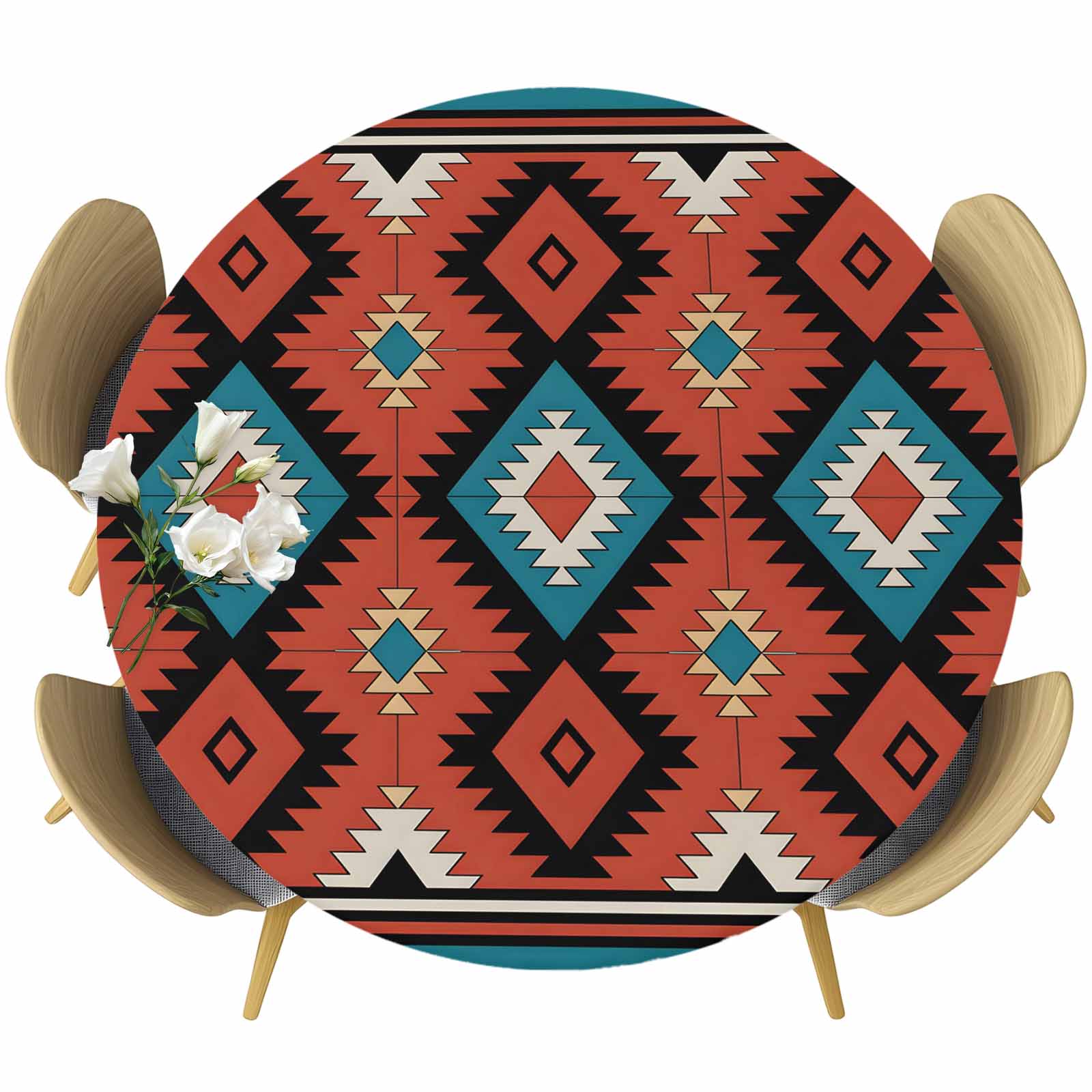 Aztec Southwest Round Tablecloth, Fitted Table Cover with Elastic for ...