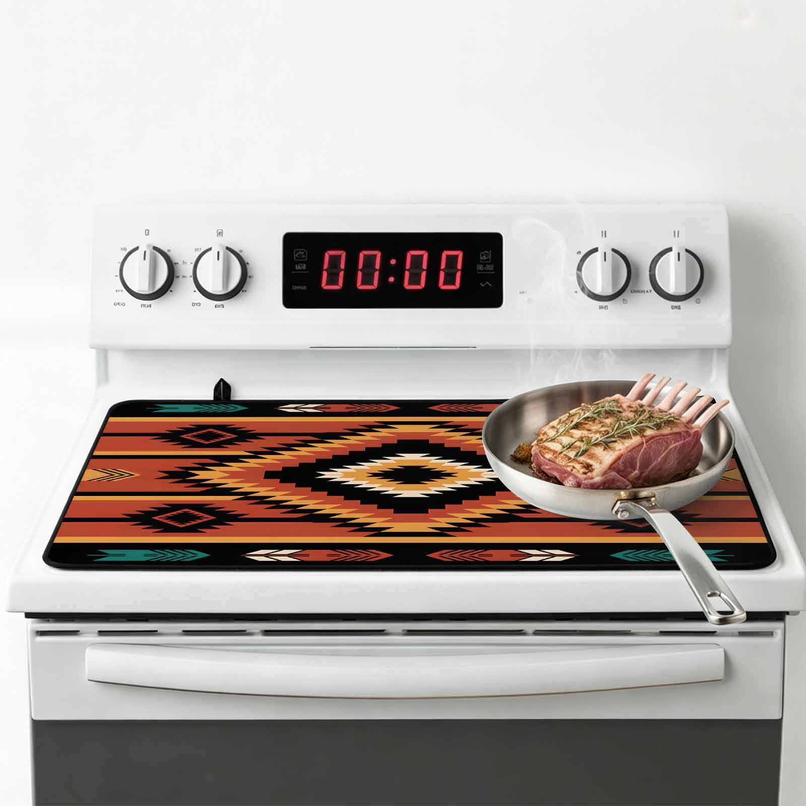 Aztec Southwest Stove Top Cover for Electric Stove, Heat-proof & Non Slip Glass Top Stove Cover Protector, Orange Black Boho Tribes Abstract Kitchen Flat Cooktop Rubber Mat 24x21 Inches