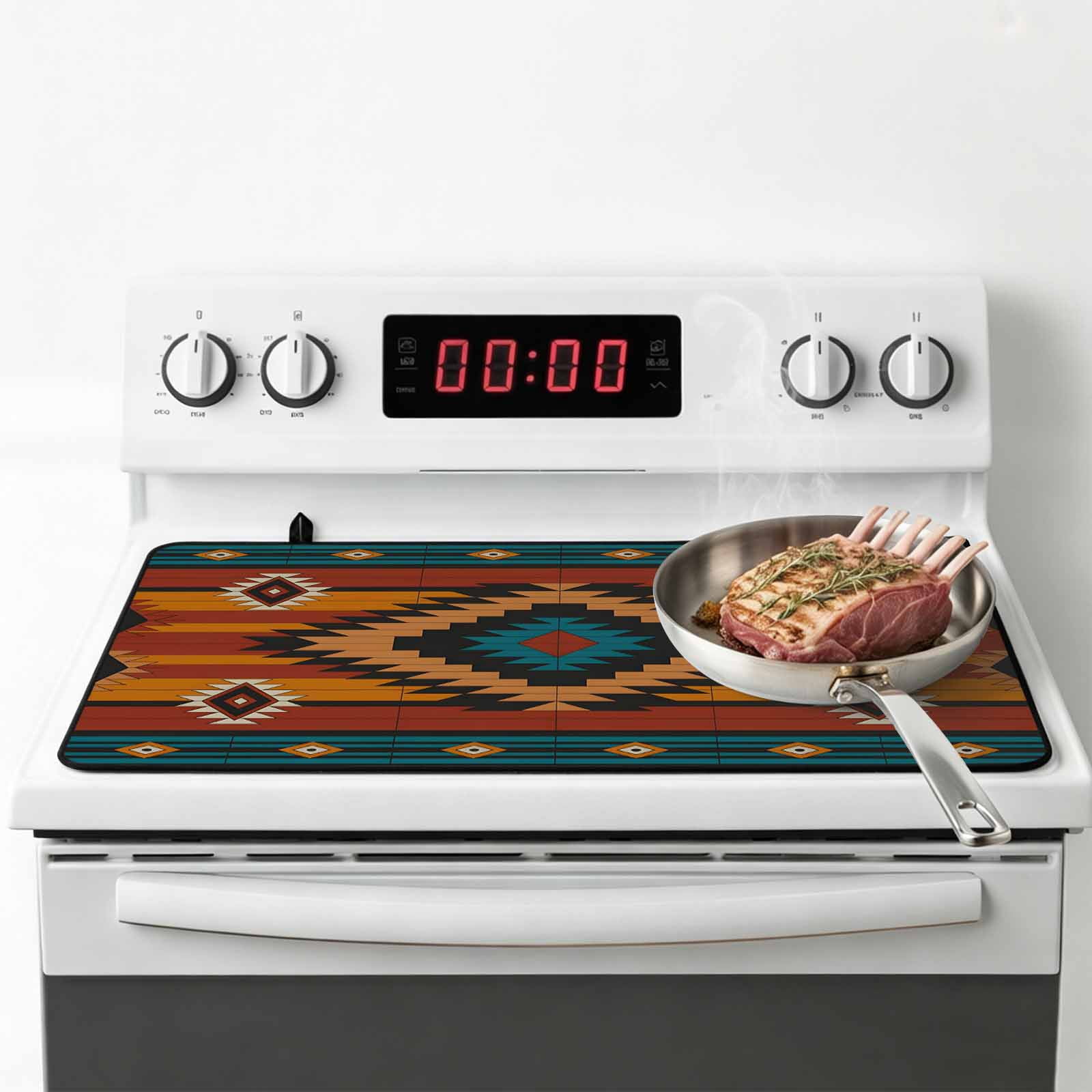 Aztec Southwest Stove Top Cover for Electric Stove, Heat-proof & Non Slip Glass Top Stove Cover Protector, Vintage Geometric Farmhouse Art Kitchen Flat Cooktop Rubber Mat 24x21 Inches