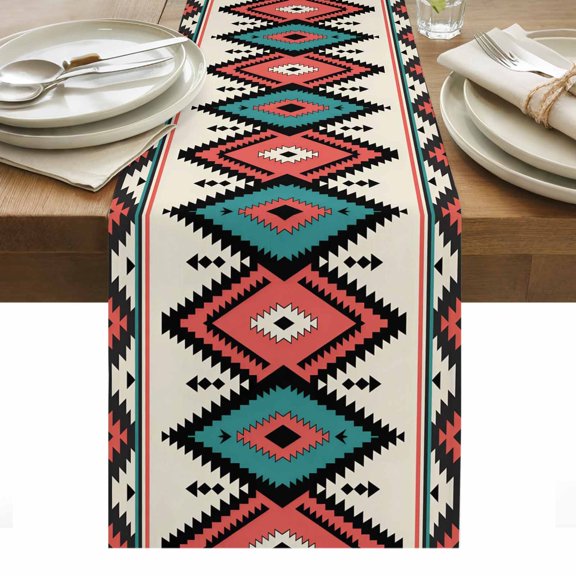 Aztec Southwest Table Runner - 48 Inch Long, Kitchen Dining Table Runner Dresser Scarves, Geometric Red Blue Tribes Retro Farmhouse Decor for Coffee Tables Wedding Party Banquet