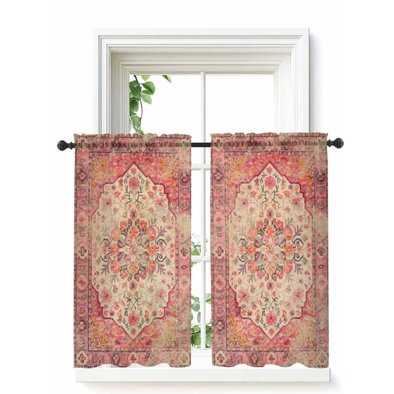 Aztec Southwest Tier Curtains 45 Inch Length,Sheer Curtains for Bedroom Living Room,Orange Boho Ethnic Floral Geometric Art Rod Pocket Voile Drapes Kitchen Curtains Small Window 27.5"x45" 2 Panels