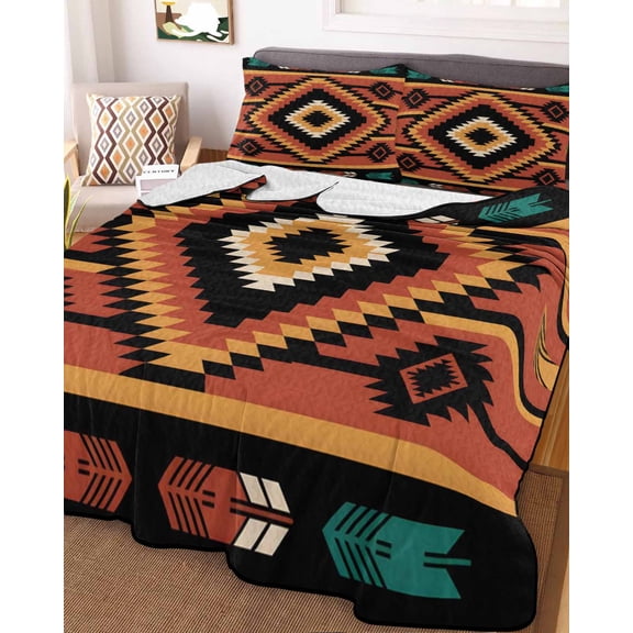 Aztec Southwest Twin Size Down Alternative Comforter, Lightweight Comforter Quilt Bedding Set with Pillow Shams Orange Black Boho Tribes Abstract All Seasons Bed Comforter Duvet Insert 68"x86"
