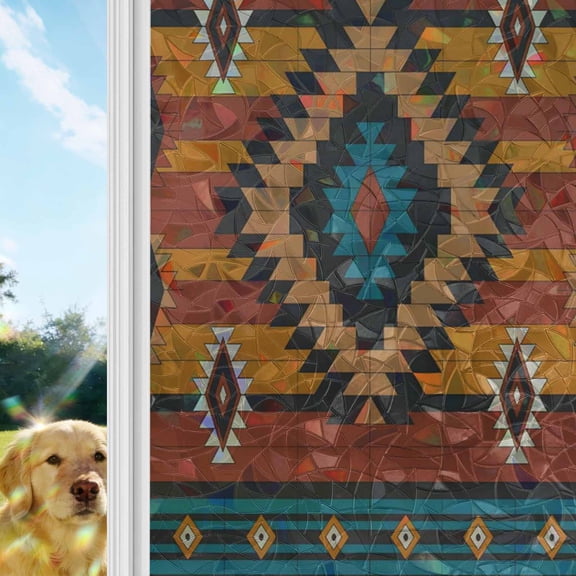 Aztec Southwest Window Privacy Film Stain Glass,Reusable Decorative Rainbow Window Film,Vintage Geometric Farmhouse Art Static Cling Sun Blocking Stickers Decals Covers 17.7" x 39.3" (2pcs)
