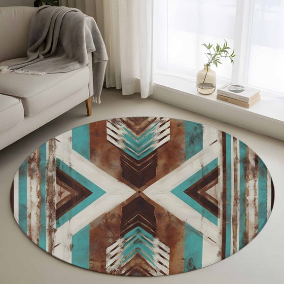 Aztec Southwestern 3FT Round Area Rugs Vintage Abstract Brown Turquoise Diamond Soft Small Round Rug Non-Slip, Ultra-Thin Indoor Circle Carpet for Bedroom Entryway Kitchen Bathroom