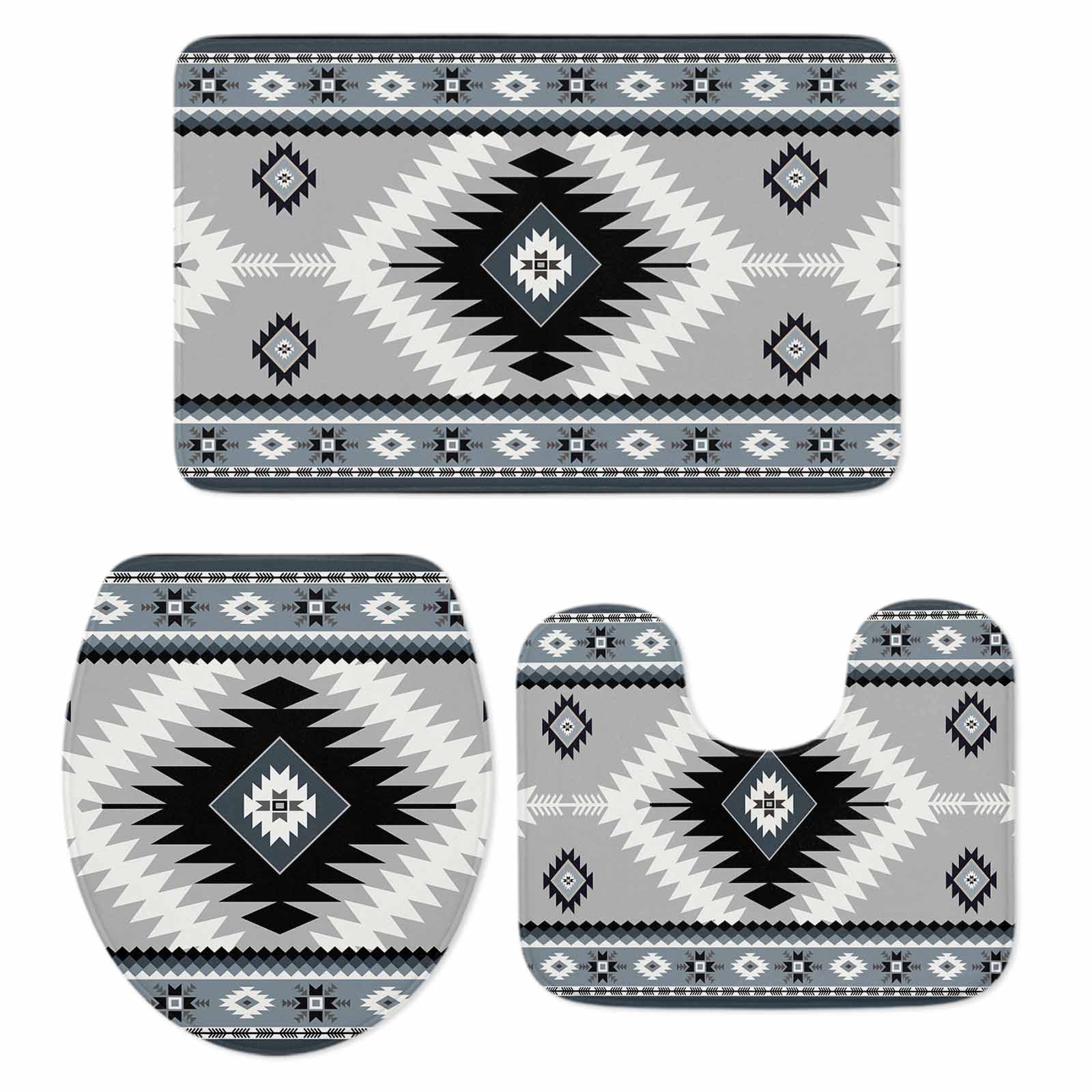 Aztec Southwestern Bathroom Rugs Set Ethnic Tribal Style Geometric Blue ...