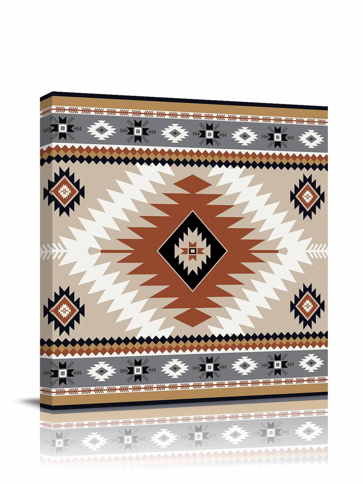 Aztec Southwestern Canvas Wall Art, Ethnic Tribal Style Geometric Orange Khaki Framed Wall Decor Modern Artwork Prints Painting for Living Room, Bedroom, Kitchen & Cafe Decor 20x20 Inch