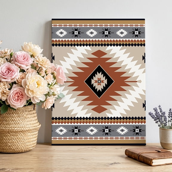 Aztec Southwestern Canvas Wall Art Framed Wall Decor for Living Room Bedroom Bathroom, Ethnic Tribal Style Geometric Orange Khaki Canvas Pictures Ready to Hang Decor, 8"x10"