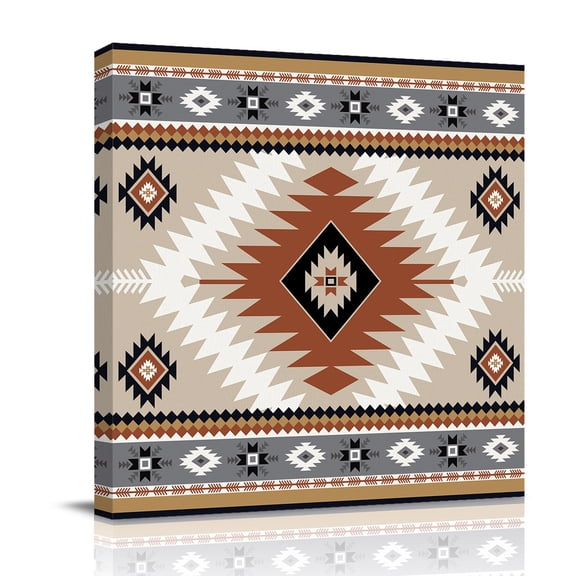 Aztec Southwestern Canvas Wall Art for Living Room, Ethnic Tribal Style Geometric Orange Khaki Poster Print Painting for Bedroom Office Home Decoration Wall Pictures Prepare To Hang 8"x8"