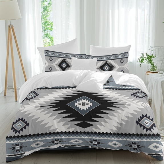 Aztec Southwestern Duvet Cover Set Full Size, Ethnic Tribal Style Geometric Blue Grey 4 Piece Soft Microfiber Bedding Set with 1 Duvet Cover, 1 Flat Sheet, 2 Pillowcases