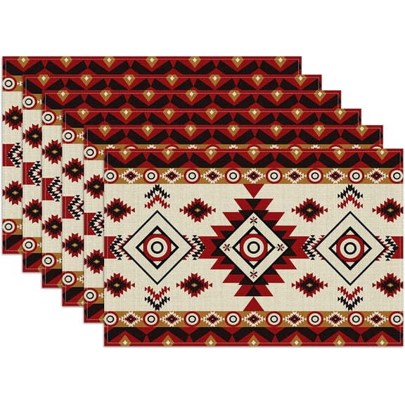 Aztec Southwestern Placemats Set of 6, Rustic Tribal Geometric Washable Linen Place Mat Heat Resistant Non Slip Kitchen Dining Table Mats 12x18 Inch