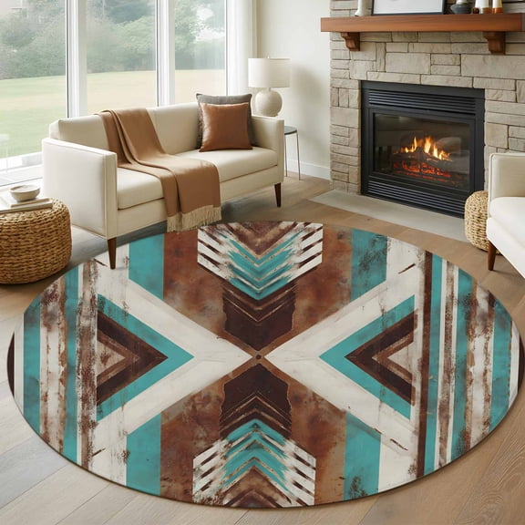 Aztec Southwestern Round Rugs for Living Room 7ft Vintage Abstract Brown Turquoise Diamond Non Slip Circle Rug Washable Low-Profile Indoor Carpet for Bedroom, Dining Room, Bathroom