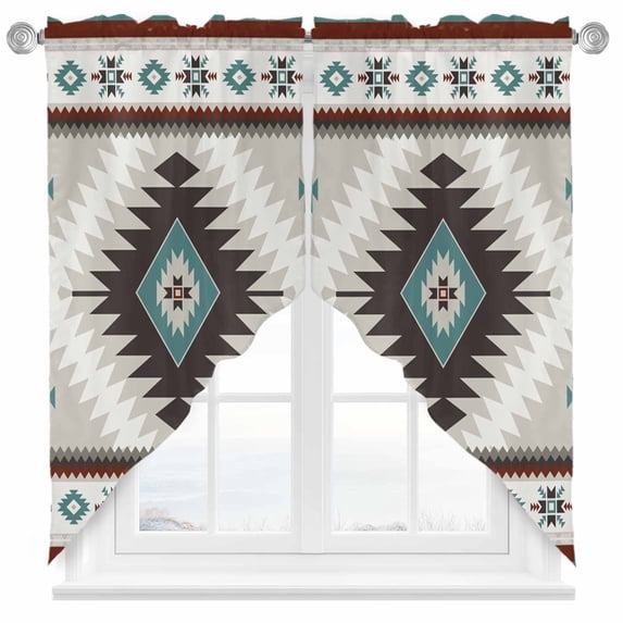 Aztec Southwestern Swag Curtain Valance for Windows, Ethnic Tribal Style Geometric Teal Grey Window Treatments Short Swag Topper for Kitchen Windows Bathroom Bedroom, 36"x45"