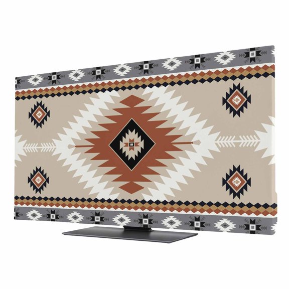 Aztec Southwestern TV Dust Cover 24 Inch, Ethnic Tribal Style Geometric Orange Khaki Computer Monitor Cover Dustproof Stretchable Indoor TV Screen Protector for LED LCD Universal Monitors