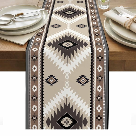 Aztec Southwestern Table Runner 13 x 36 Inch, Ethnic Tribal Style Geometric Brown Washable Cotton Linen Dining Table Runner Tabletop Decorations for Restaurant Home Kitchen Party