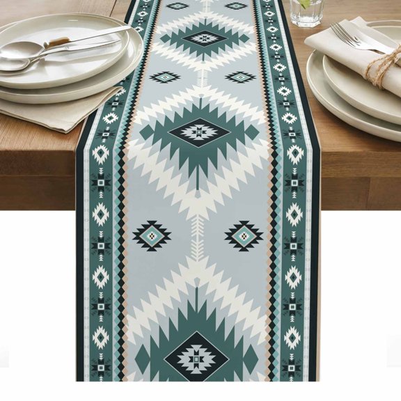 Aztec Southwestern Table Runner 13 x 70 Inch, Ethnic Tribal Style Geometric Turquoise Washable Cotton Linen Dining Table Runner Tabletop Decorations for Restaurant Home Kitchen Party