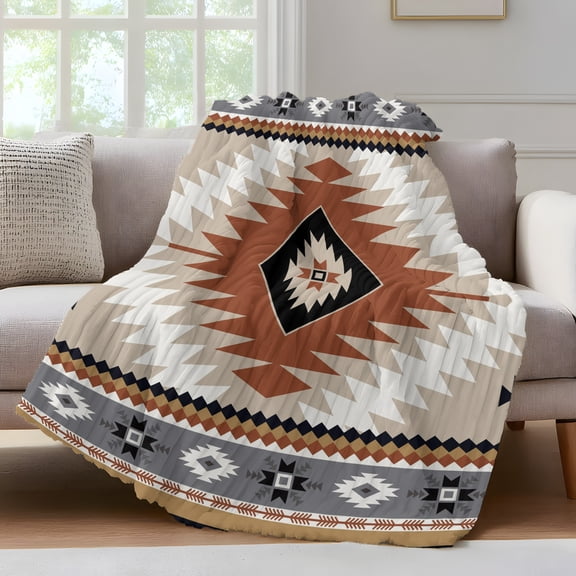 Aztec Southwestern Throw Blanket for Couch Ethnic Tribal Style Geometric Orange Khaki Soft and Warm Flannel 3D Striped Fluffy Fuzzy Fleece Blanket Lightweight Throw for Bed, Sofa 40 x 50 Inches