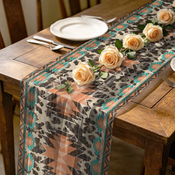 Aztec Style 4.5 ft Cheesecloth Table Runner for Wedding 19"x55", Brown Southwestern Leopard Print Teal Orange Kitchen Dinner Sheer Tulle Chiffon Dresser Scarf, Holiday Party Decorations