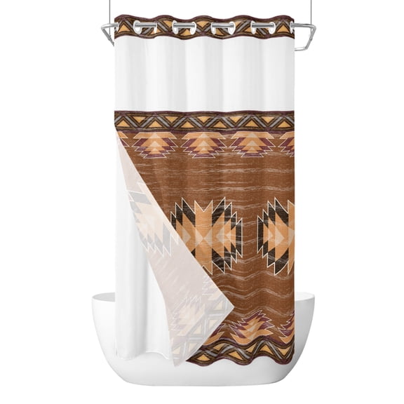 Aztec Style No Hook Shower Curtain with Snap in Liner, Southwestern Native American Bohemian Brown Waterproof Shower Curtains with See Through Top Window Liner for Bathroom, 36x72 Inches