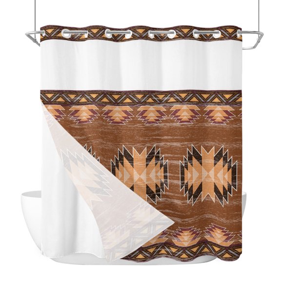 Aztec Style No Hook Shower Curtain with Snap in Liner, Southwestern Native American Bohemian Brown Waterproof Shower Curtains with See Through Top Window Liner for Bathroom, 66x72 Inches