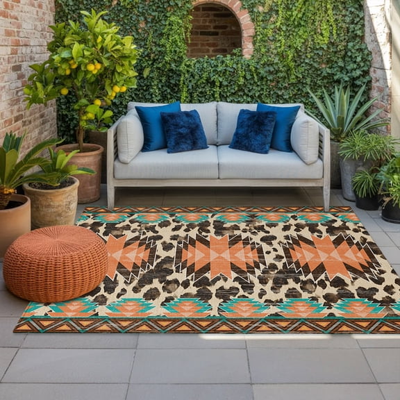 Aztec Style Indoor Outdoor Rugs 3x5 Ft, Brown Southwestern Leopard Print Teal Orange Outdoor Patio Rugs Mat Washable Outside Area Rugs Carpet for Porch Deck RV Camping Pool Balcony Backyard