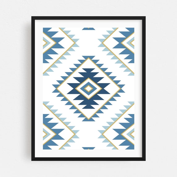 Aztec Style Motif Pattern Blues White Gold - Digital Art Geometric Pattern Boho Modern Art Minimalist Abstract Mid-Century Modern Black Framed Wall Art Print 12 x 16 inches