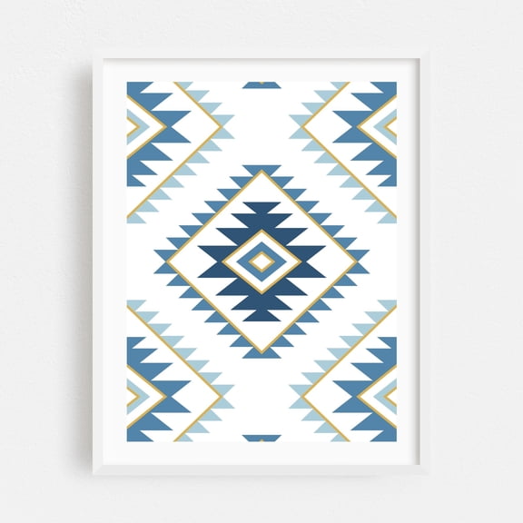 Aztec Style Motif Pattern Blues White Gold - Digital Art Geometric Pattern Boho Modern Art Minimalist Abstract Mid-Century Modern White Framed Wall Art Print 6 x 8 inches