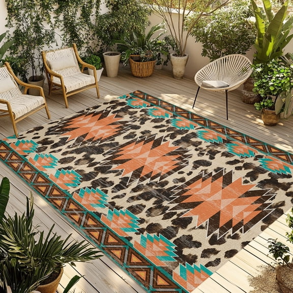 Aztec Style Outdoor Rug 5x7 ft Brown Southwestern Leopard Print Teal Orange Non Slip Patio Rug Washable Absorbent Large Outdoor Carpet Outside Mat for Porch RV Garden Camping