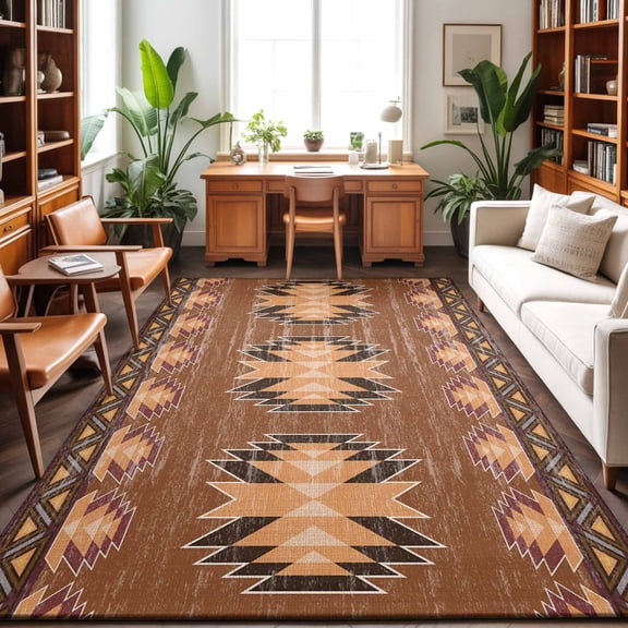 Aztec Style Washable Area Rug 9 x 12 ft Southwestern Native American Bohemian Brown, Soft Non Slip Rugs Stain Repellent Indoor Felt Carpet for Living Dining Room Bedroom Home Office