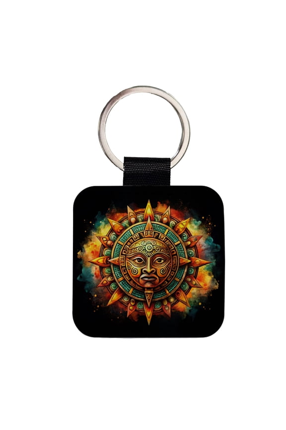 Aztec Sun God Symbol Watercolor Faux Leather Square Keychain