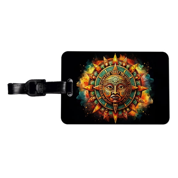 Aztec Sun God Symbol Watercolor Faux Leather Travel Luggage Tag